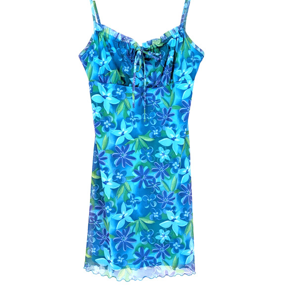 VTG Y2K Blue Floral Sheer Babydoll Whimsigoth Fairy Grunge Ruffle Slip Dress - Picture 1 of 6
